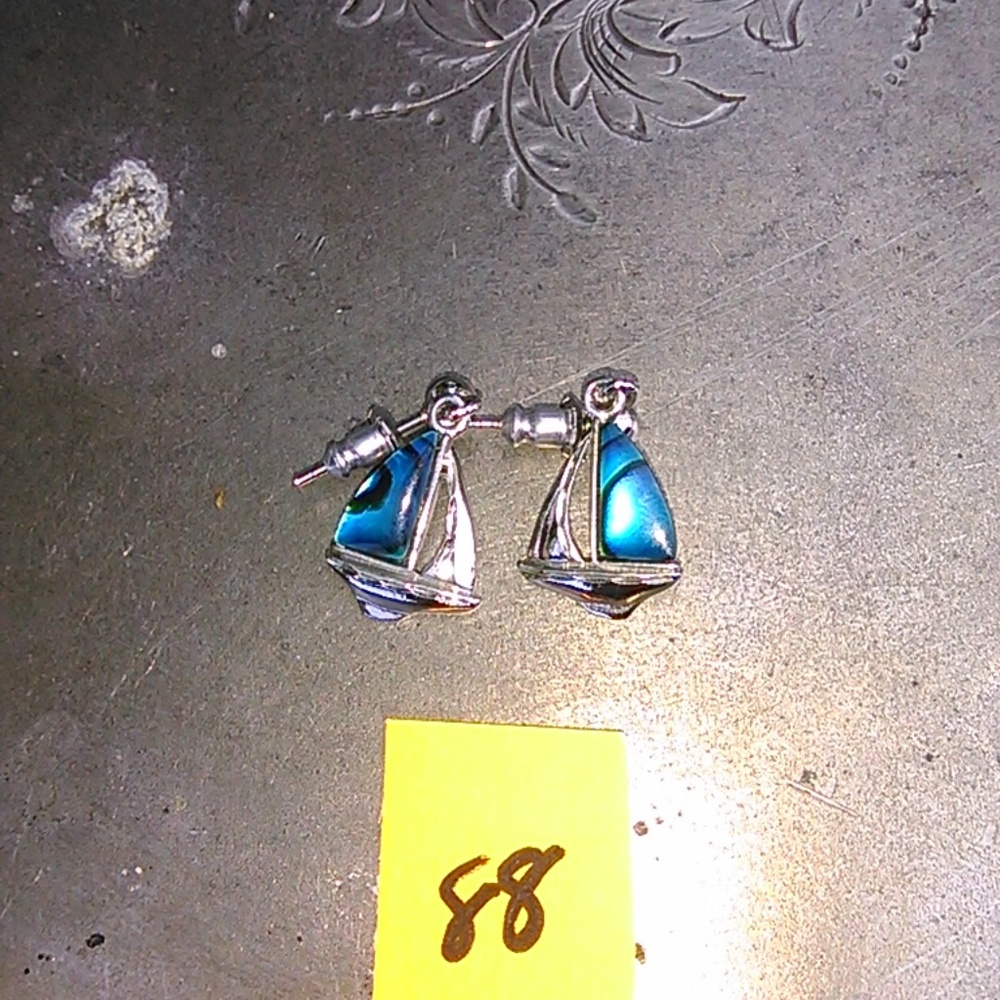 blue and silver sail boat earrings